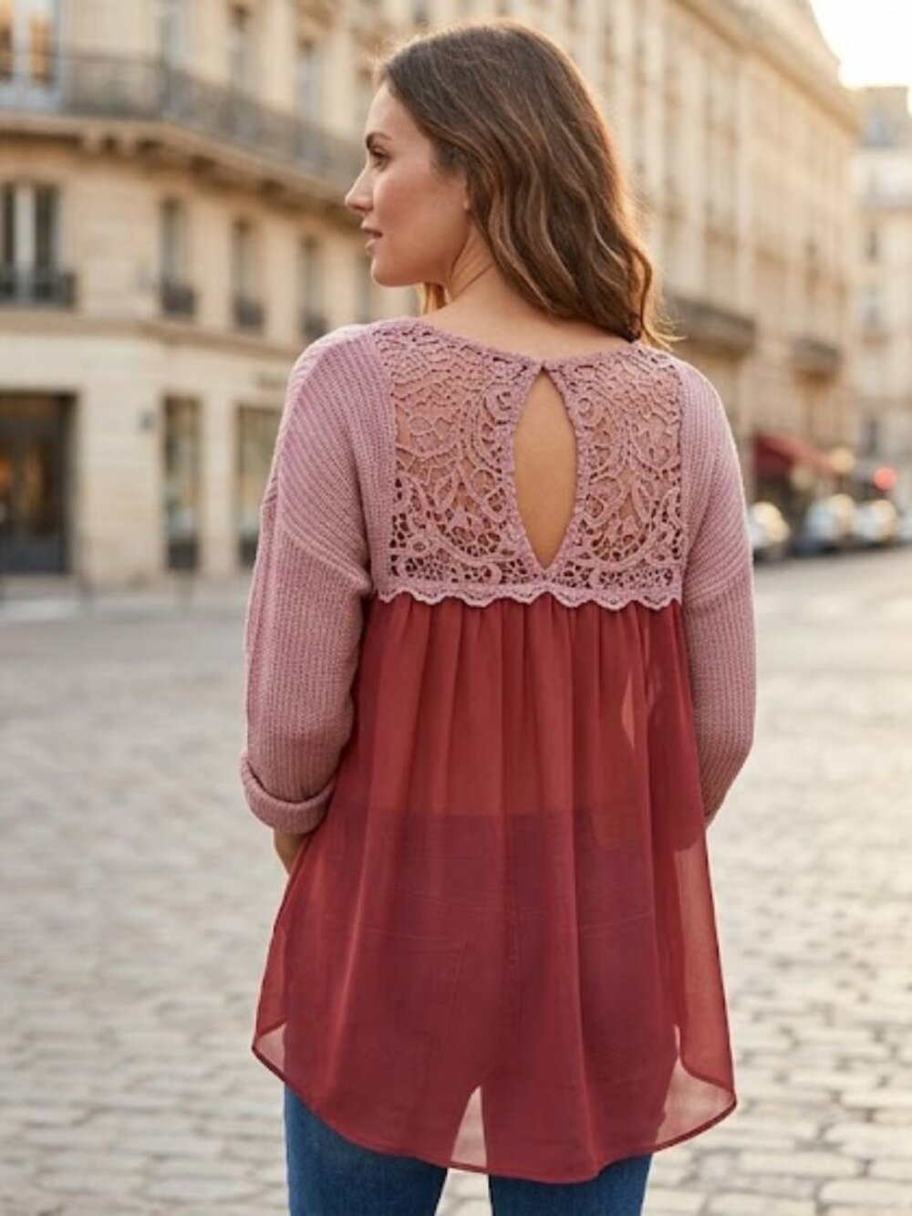 Shyloh Pink Layered Knit Top M - Sheer Chiffon Lace Back